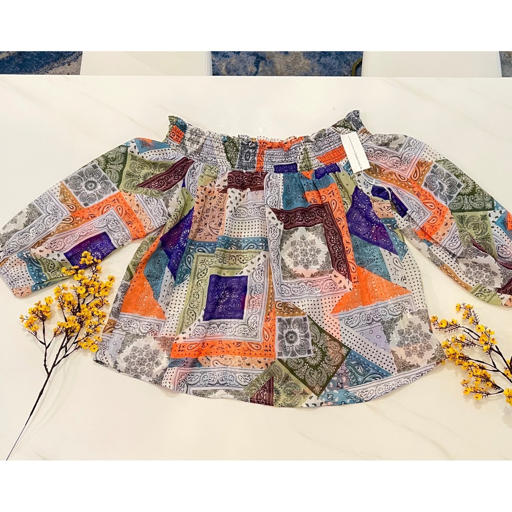 Live 4 Truth Bandana Patchwork Off Shoulder Blouse 2X Multi Paisley Boho NWT